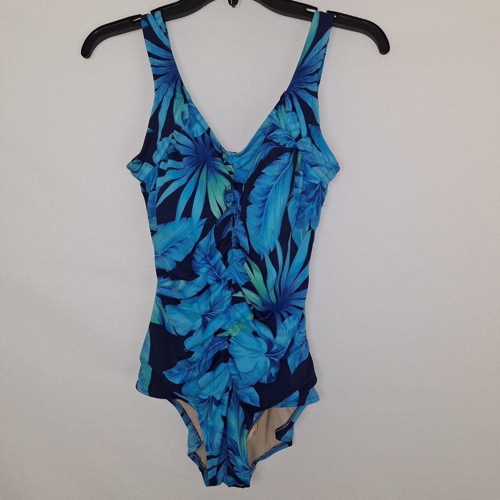 ISLANDER 8 One‎ Piece Tropical Print Swimsuit Floral Seaside Blue V-neck Ruched